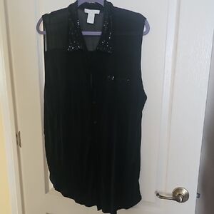 Design History Sequin Collar Top Plus Size 2X Black Sheer Sleeveless